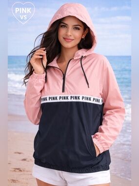 PINK Victoria’s Secret Anorak Windbreaker Jacket XS Pink Black Logo Hoodie